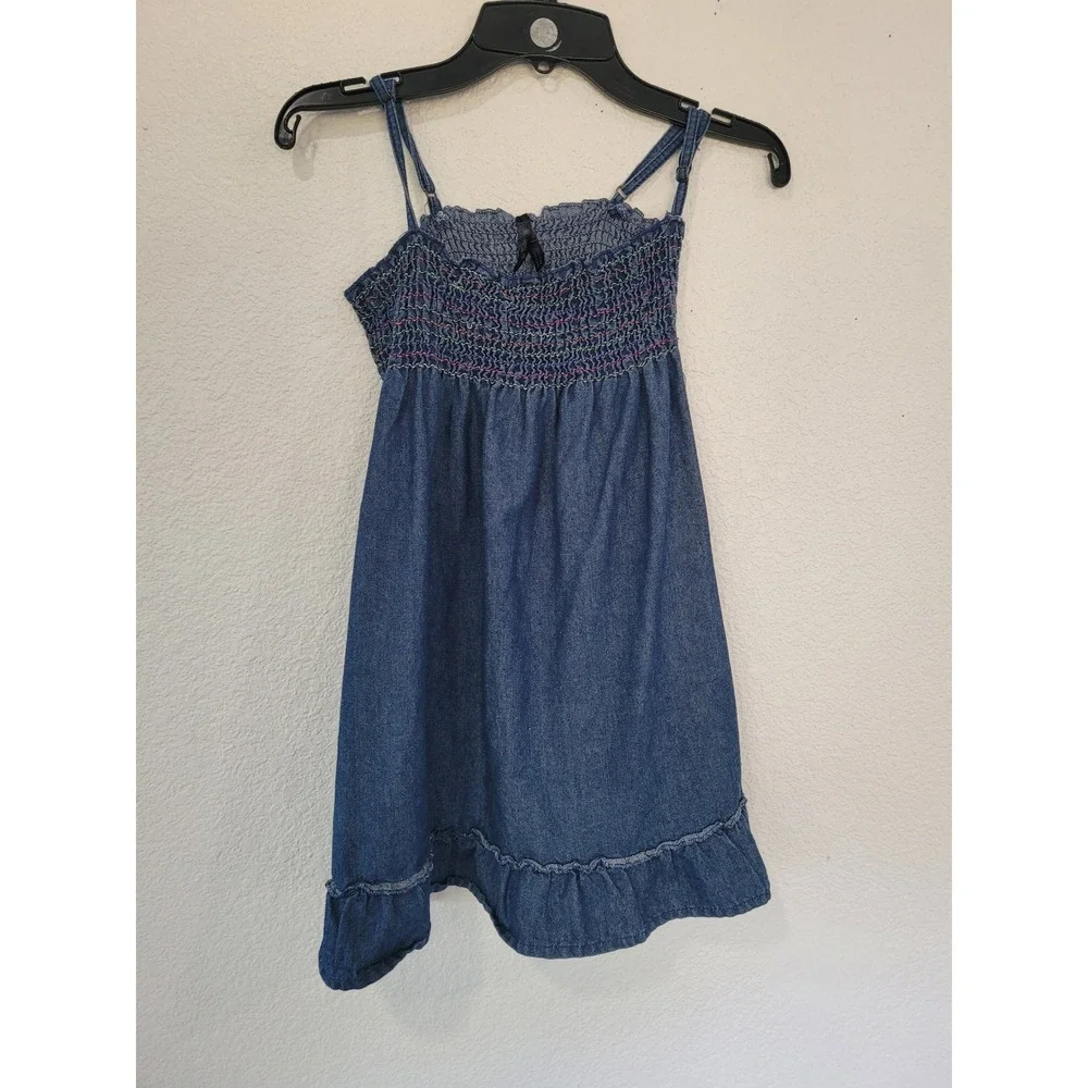 Star Ride‎ Girls Denim Smocked Rainbow Sundress Blue Ruffle Hem Size 6 #5